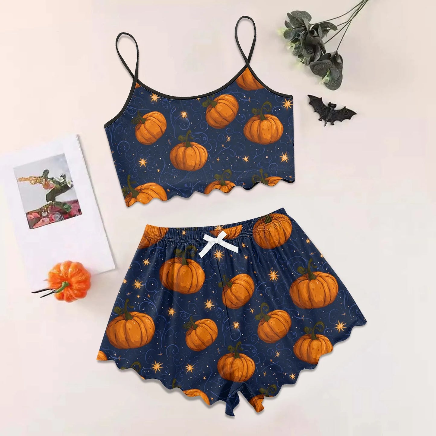 Women's Halloween Print Suspender Pajama Set - Sleeveless Shorts Loungewear
