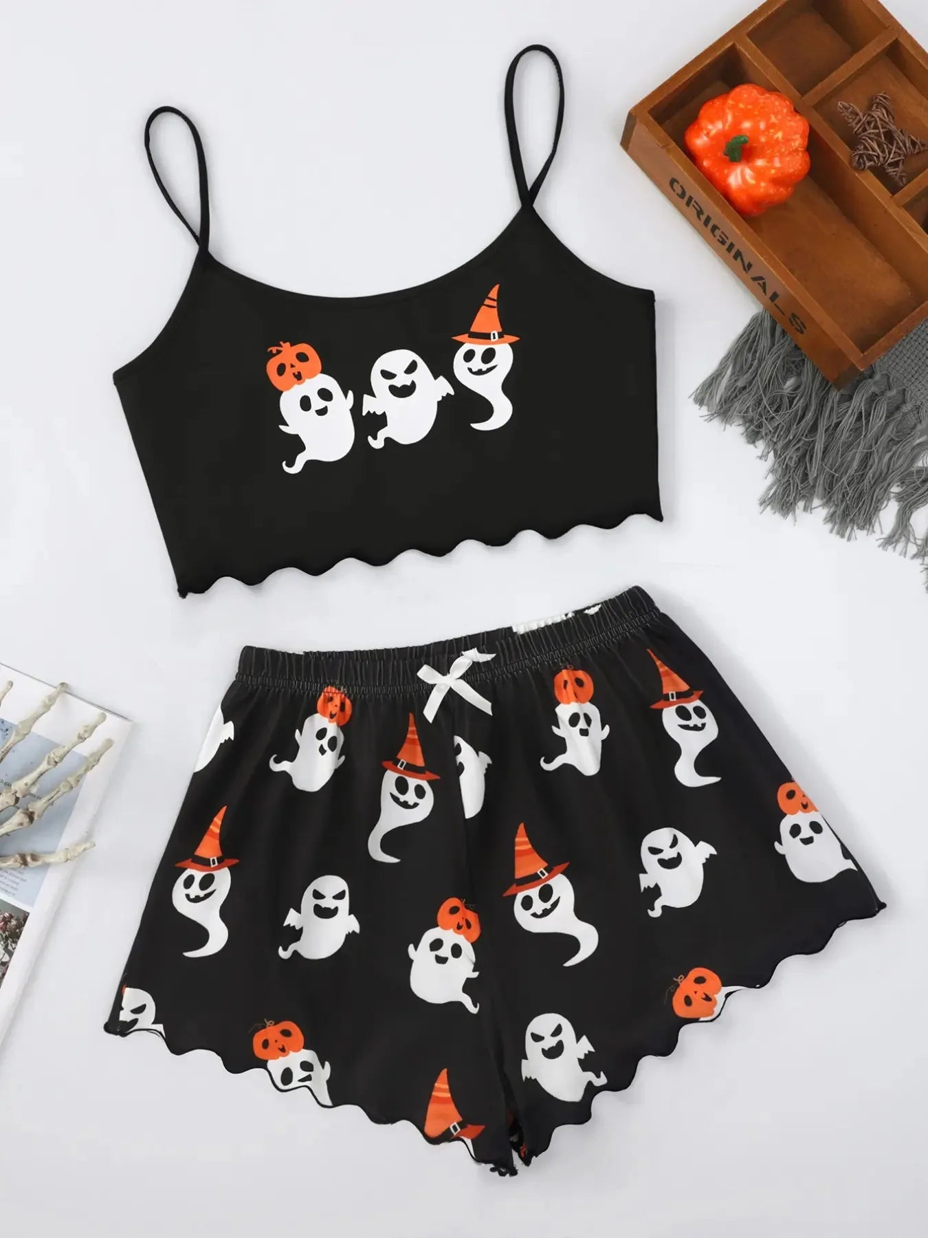 Women's Halloween Pumpkin Print Suspender Pajama Set - Sleeveless Top & Shorts Sleepwear