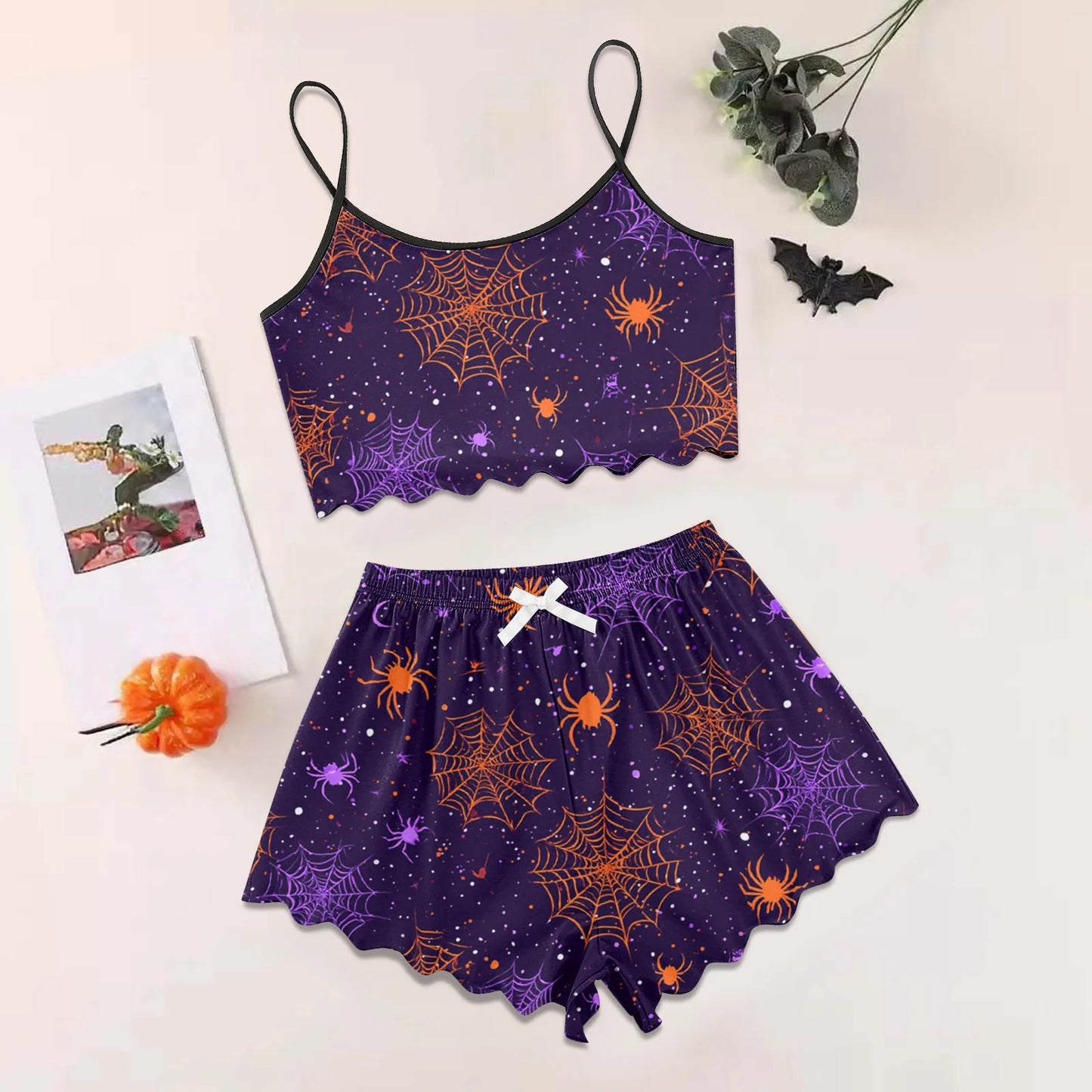 Women's Halloween Print Suspender Pajama Set - Sleeveless Shorts Loungewear