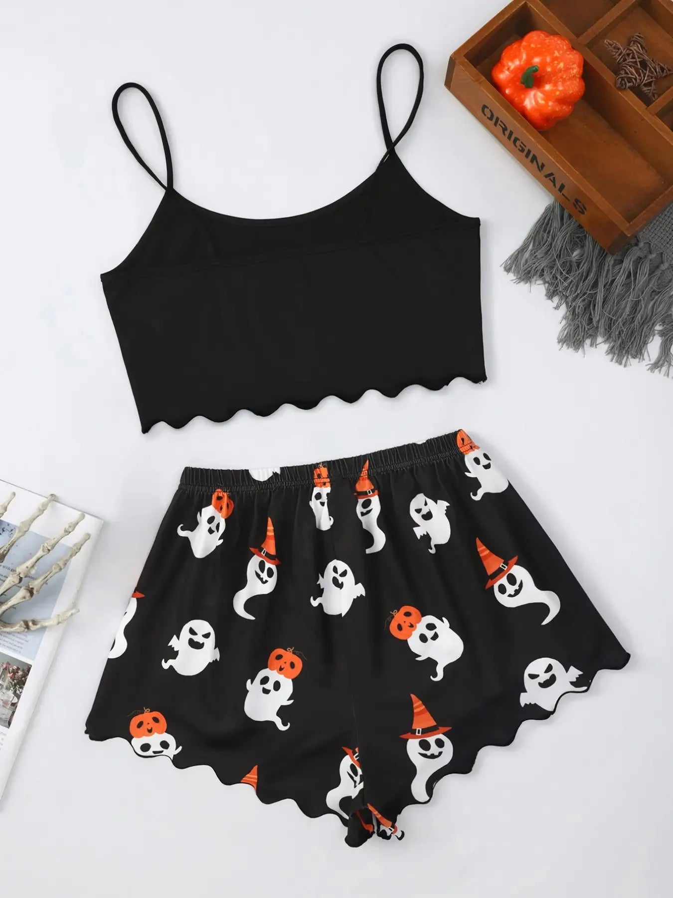 Women's Halloween Pumpkin Print Suspender Pajama Set - Sleeveless Top & Shorts Sleepwear