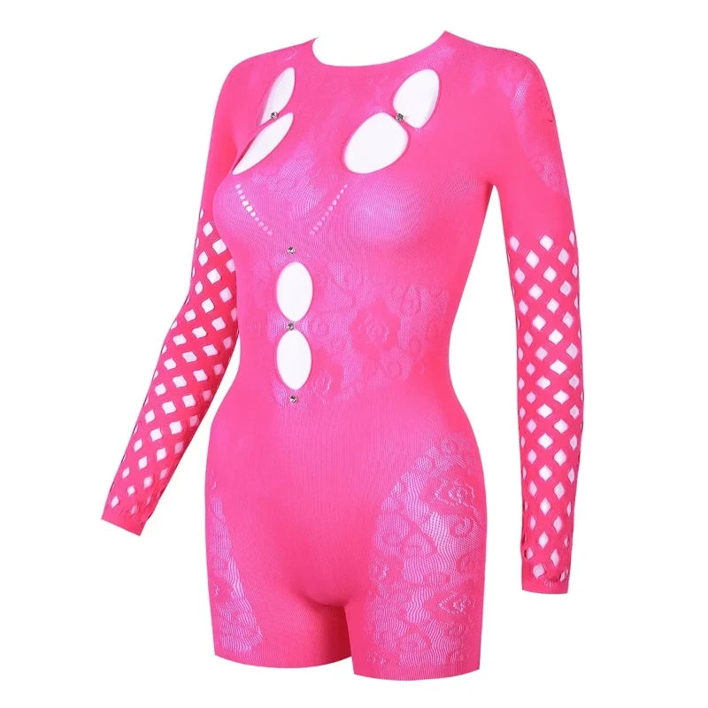 Sexy Sheer Mesh Bodysuit - Rhinestone Cut Out Jumpsuit with Long Sleeves | See-Through Shapewear