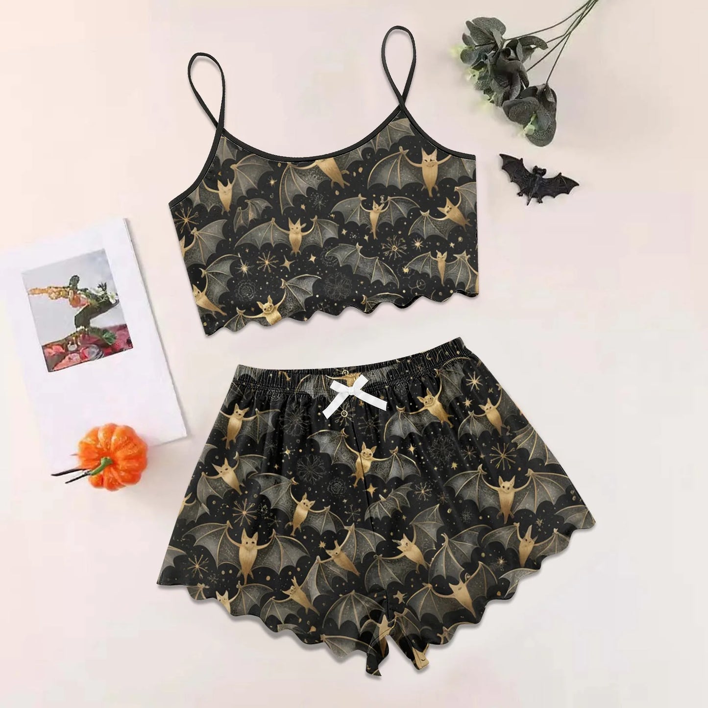 Women's Halloween Print Suspender Pajama Set - Sleeveless Shorts Loungewear