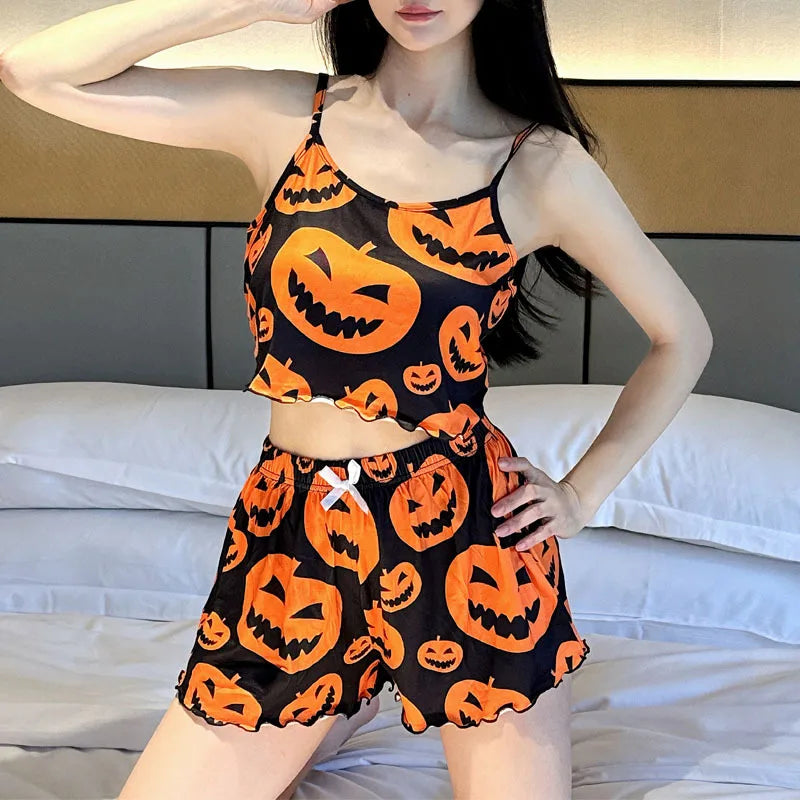 Sexy Halloween Pumpkin Print Pajama Set - 2 Piece Sleeveless Loungewear