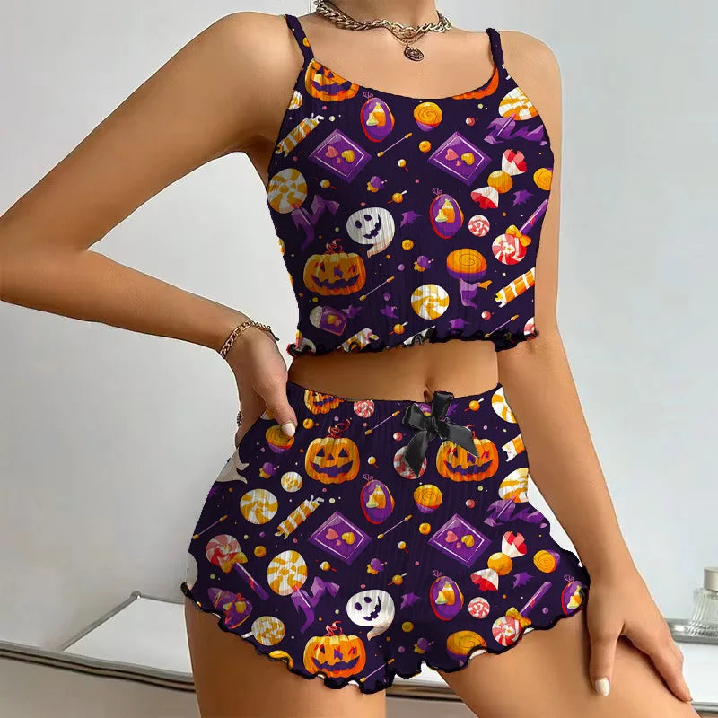 Women's Halloween Pumpkin Print Pajama Set - Ribbed Cami Crop Top & Shorts Y2K Loungewear