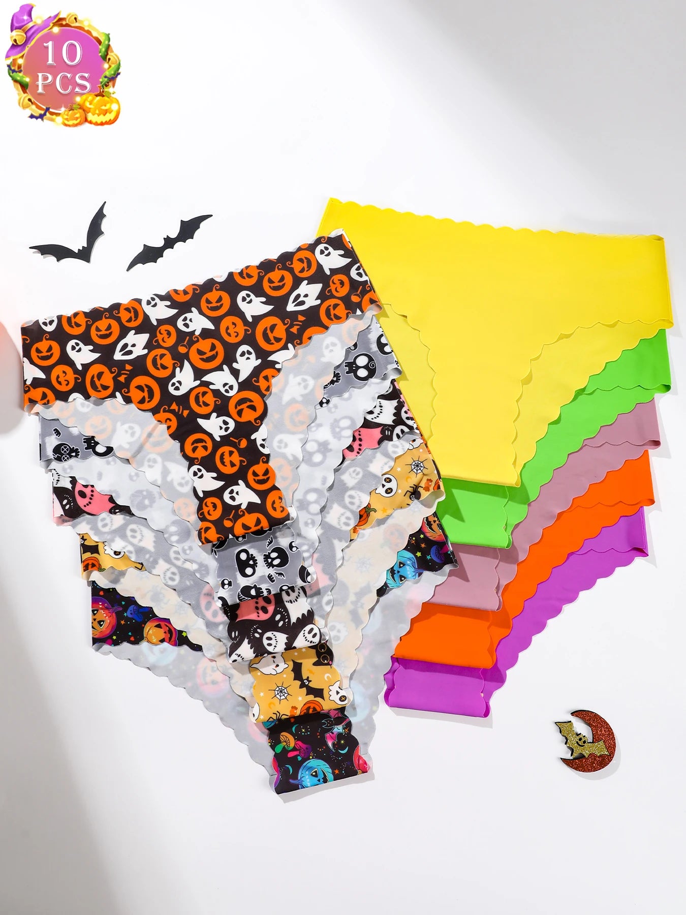 Women's Halloween Panties Set - 10 Piece Pumpkin & Skull Print Scalloped Edge Bikini Underwear