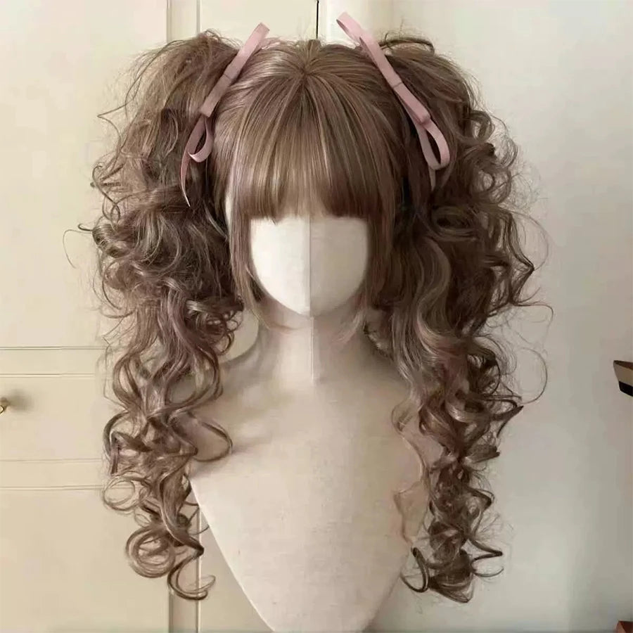 Roman Curly Synthetic Lolita Wig with Bangs - Golden Blonde Anime Cosplay Wig | Party Costume Hair