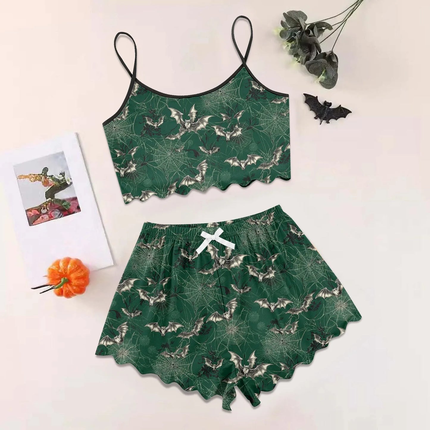 Women's Halloween Print Suspender Pajama Set - Sleeveless Shorts Loungewear