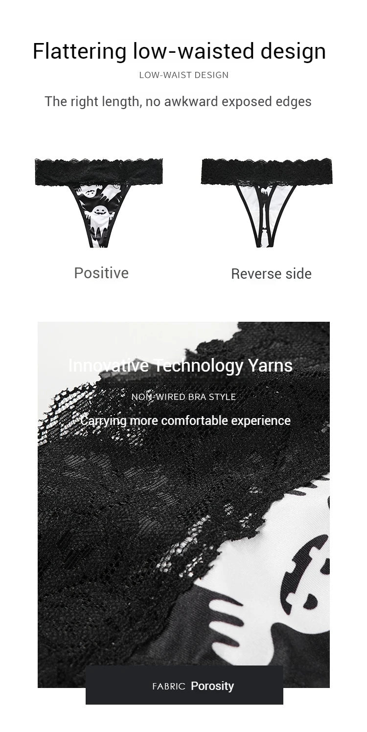 Halloween Lace Thong - Bat & Pumpkin Pattern Hip-Lifting Panties for Women