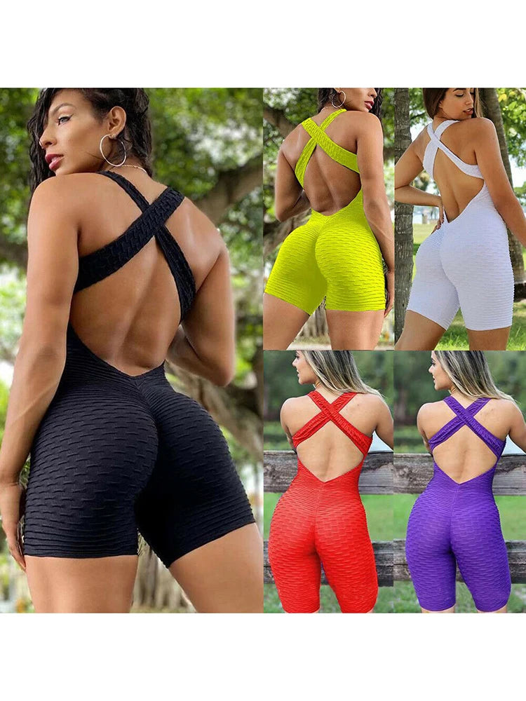 Women's Sleeveless Backless Sports Jumpsuit - Quick Dry Gym Bodysuit with Scrunch Leggings