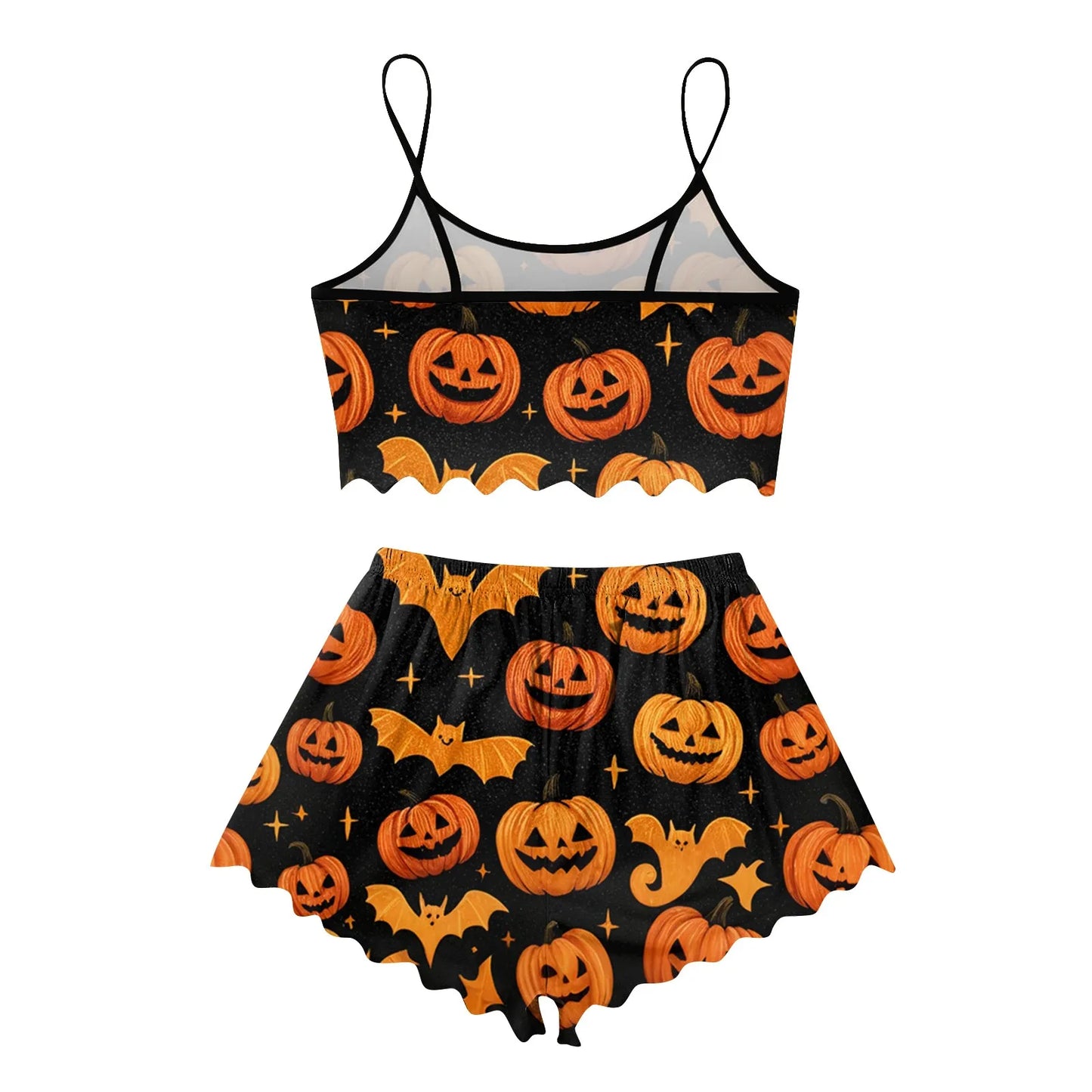 Women's Halloween Print Suspender Pajama Set - Sleeveless Shorts Loungewear