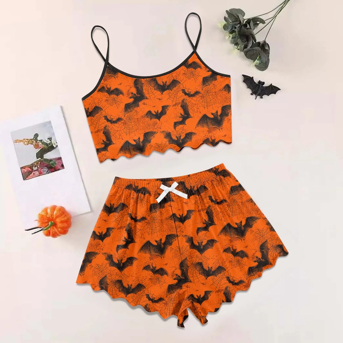 Women's Halloween Print Suspender Pajama Set - Sleeveless Shorts Loungewear