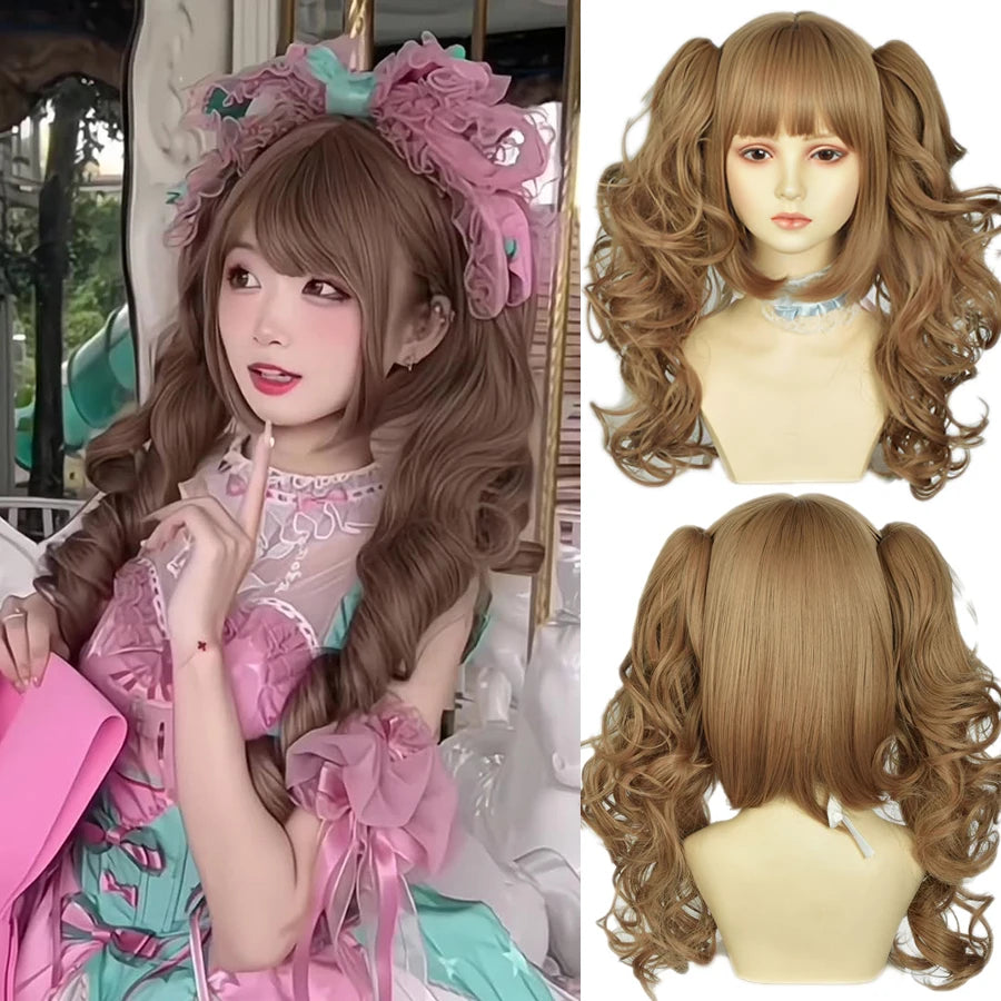 Roman Curly Synthetic Lolita Wig with Bangs - Golden Blonde Anime Cosplay Wig | Party Costume Hair