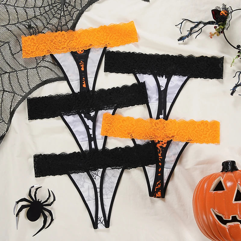 Halloween Lace Thong - Bat & Pumpkin Pattern Hip-Lifting Panties for Women