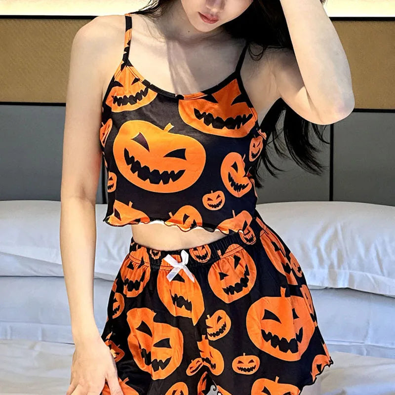 Sexy Halloween Pumpkin Print Pajama Set - 2 Piece Sleeveless Loungewear