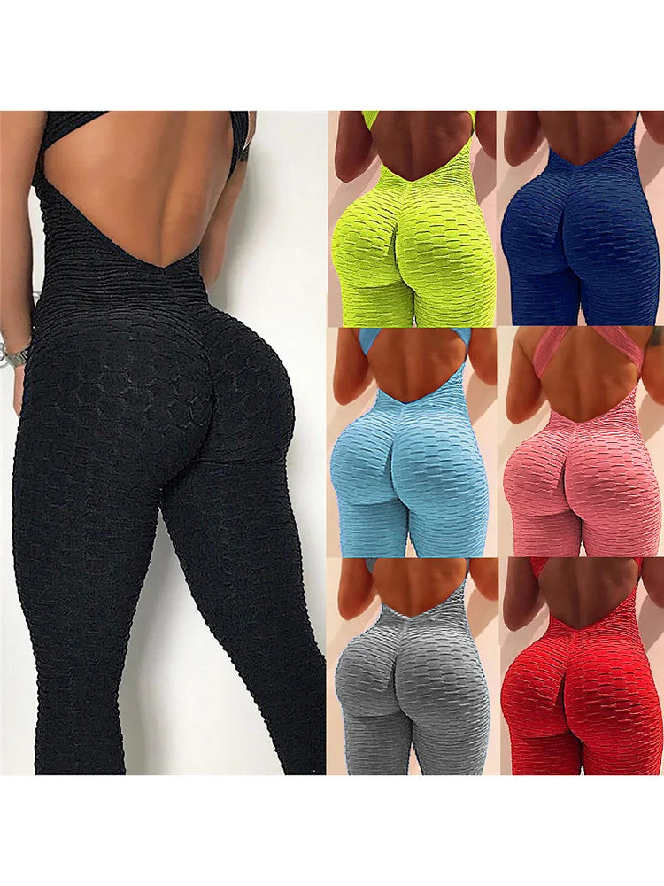 Women's Sleeveless Backless Sports Jumpsuit - Quick Dry Gym Bodysuit with Scrunch Leggings