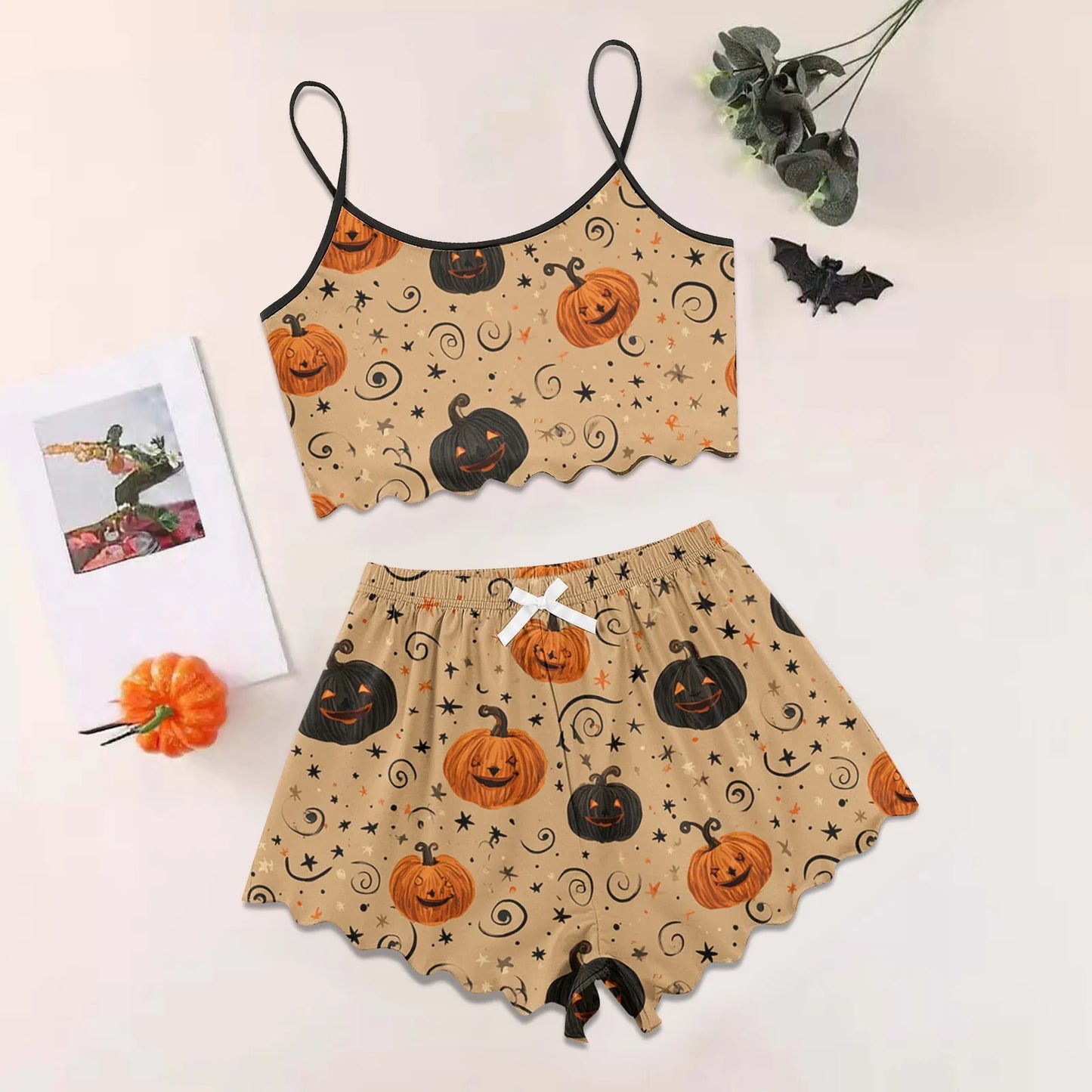 Women's Halloween Print Suspender Pajama Set - Sleeveless Shorts Loungewear