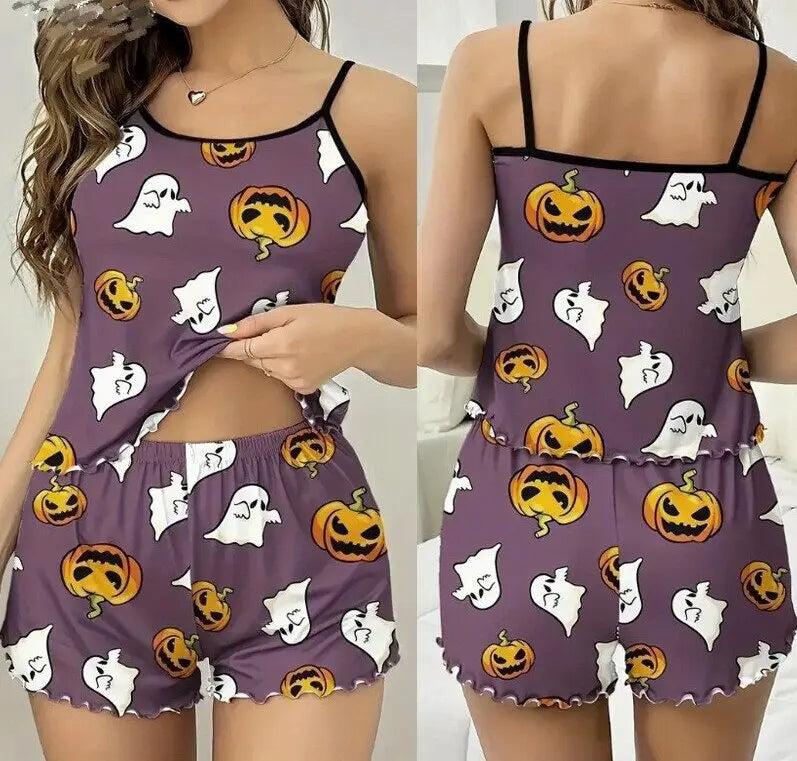 Women's Halloween Pumpkin Print Pajama Set - Ribbed Cami Crop Top & Shorts Y2K Loungewear