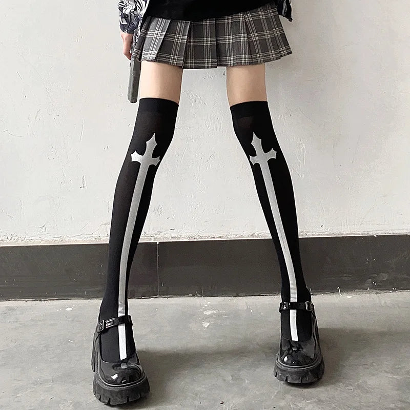 Halloween Skull Head Thigh High Socks - Gothic Bow Stockings for Women