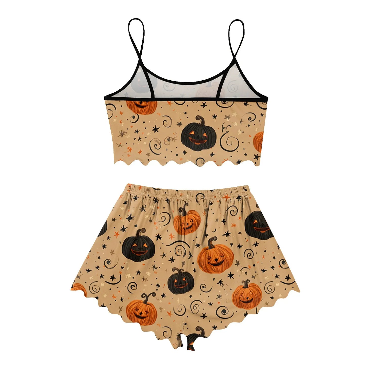 Women's Halloween Print Suspender Pajama Set - Sleeveless Shorts Loungewear