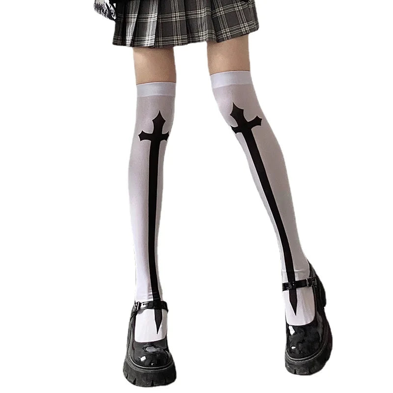 Halloween Skull Head Thigh High Socks - Gothic Bow Stockings for Women