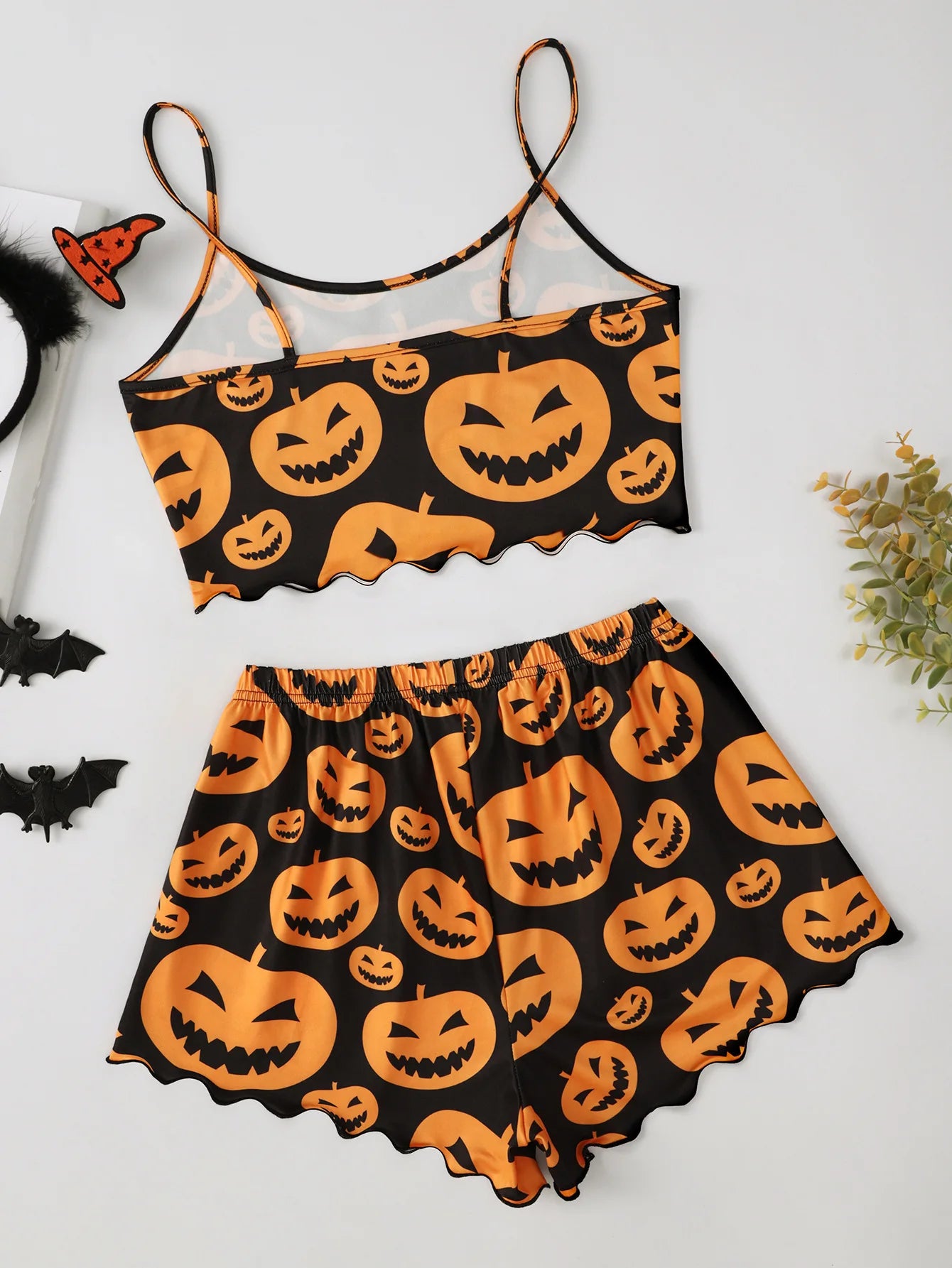Women's Halloween Devil Pumpkin Print Pajama Set - Short Sleeve Top & Shorts Sleepwear