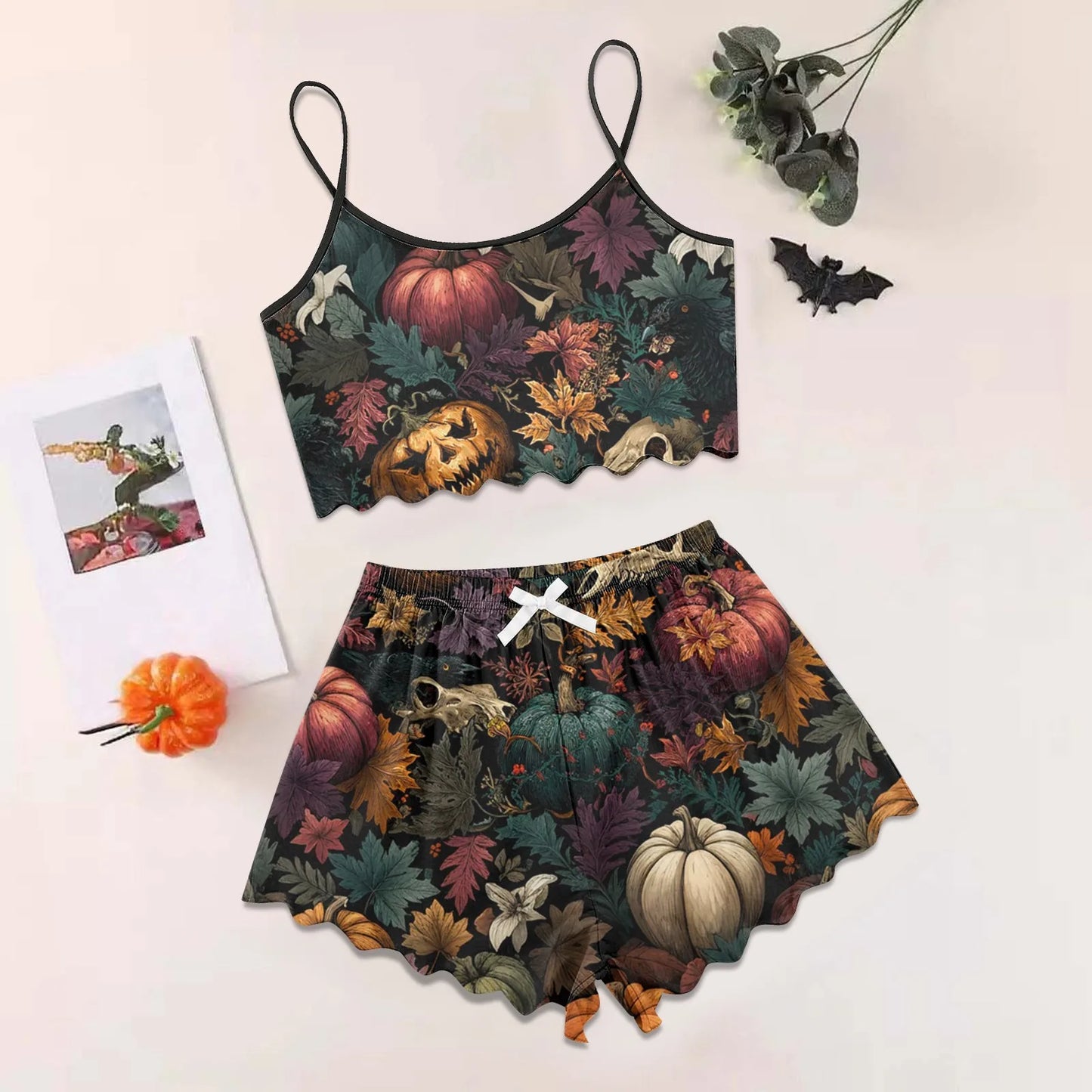 Women's Halloween Print Suspender Pajama Set - Sleeveless Shorts Loungewear
