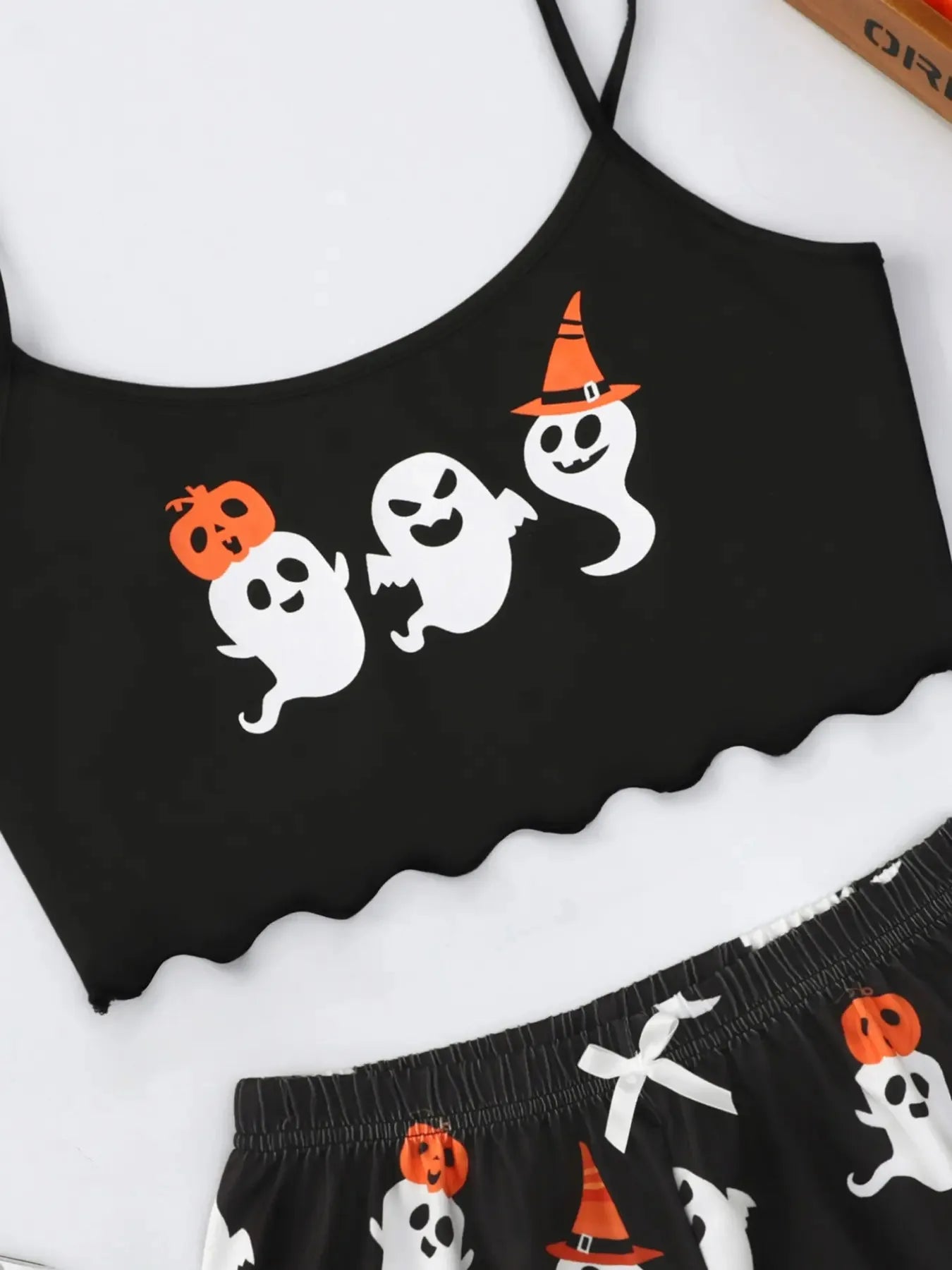 Women's Halloween Pumpkin Print Suspender Pajama Set - Sleeveless Top & Shorts Sleepwear