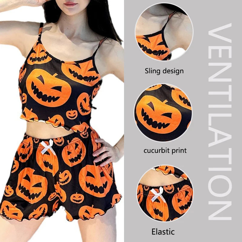 Sexy Halloween Pumpkin Print Pajama Set - 2 Piece Sleeveless Loungewear