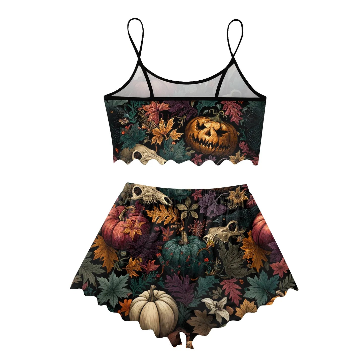 Women's Halloween Print Suspender Pajama Set - Sleeveless Shorts Loungewear