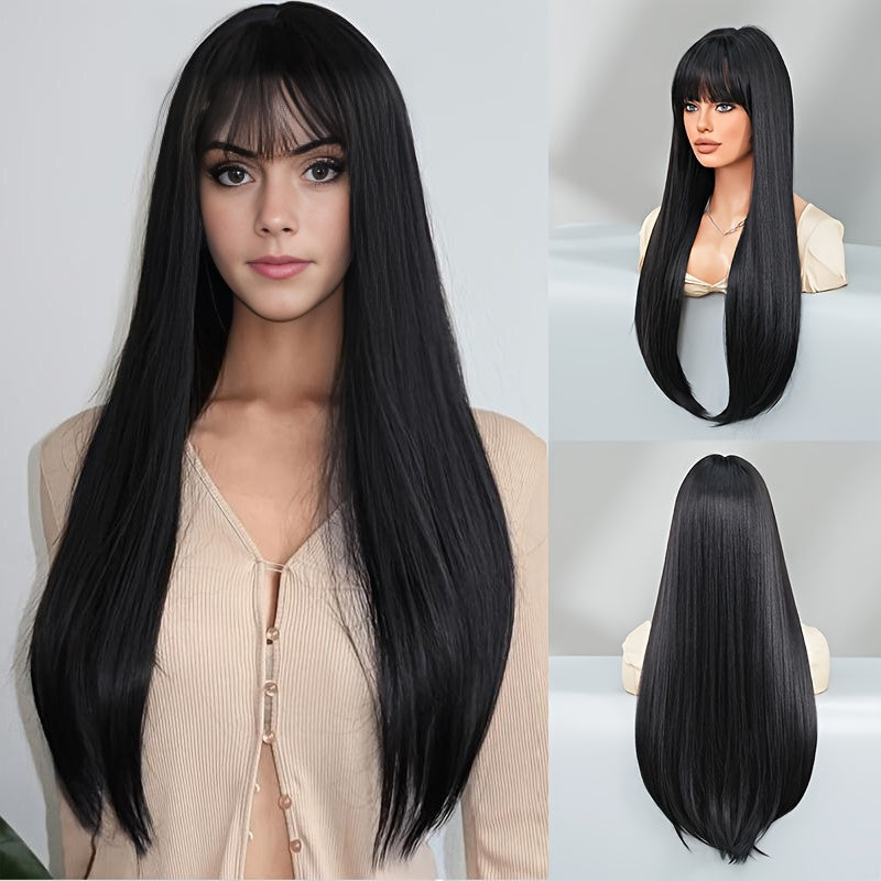 Stylish Synthetic Wig With Straight Hair, Non-toxic Wig, 26-inch Heat-resistant Long Black Hair, Bangs And Rose Net Hat, Suitable For The Whole Scene. Simifo