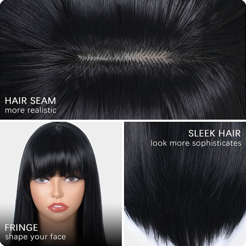 Stylish Synthetic Wig With Straight Hair, Non-toxic Wig, 26-inch Heat-resistant Long Black Hair, Bangs And Rose Net Hat, Suitable For The Whole Scene. Simifo