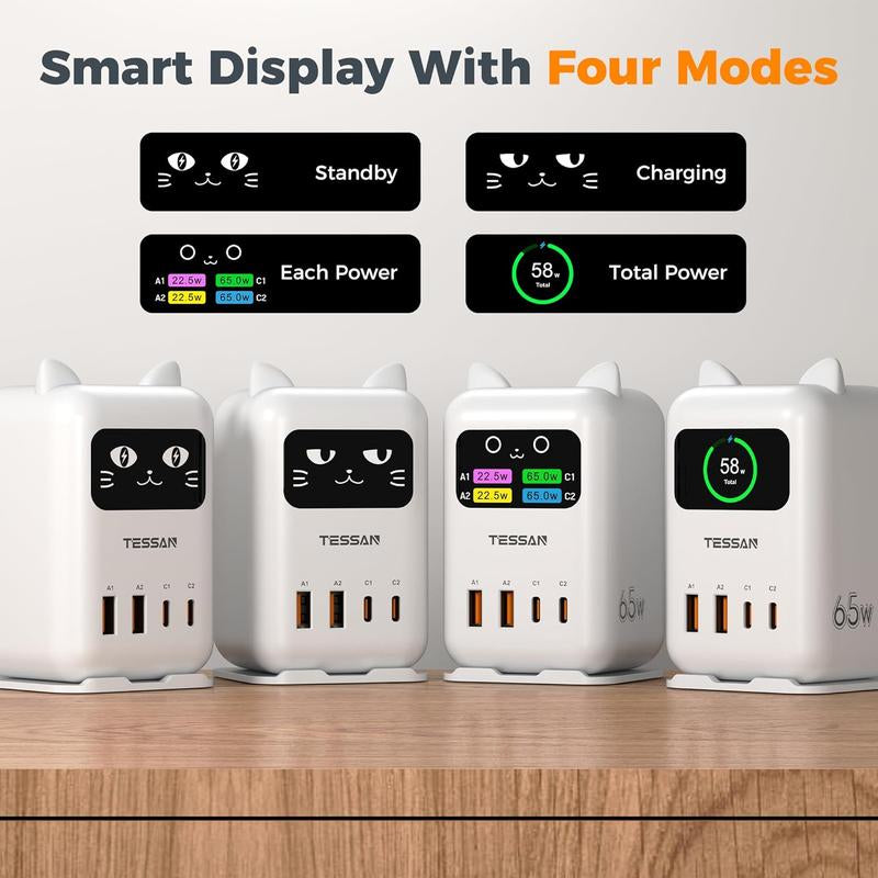 TESSAN Cute Charging Cat Design Charging Station, USB C Charger Block PD 65W, Desktop Tower Charger with 4 USB Ports for Iphone 17/16, Macbook, Tablet, Perfect for Sisters, Friends & Girlfriends! Ideal Gift for Christmas, New Year, Birthdays