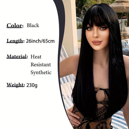 Stylish Synthetic Wig With Straight Hair, Non-toxic Wig, 26-inch Heat-resistant Long Black Hair, Bangs And Rose Net Hat, Suitable For The Whole Scene. Simifo