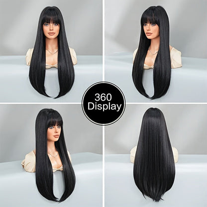 Stylish Synthetic Wig With Straight Hair, Non-toxic Wig, 26-inch Heat-resistant Long Black Hair, Bangs And Rose Net Hat, Suitable For The Whole Scene. Simifo