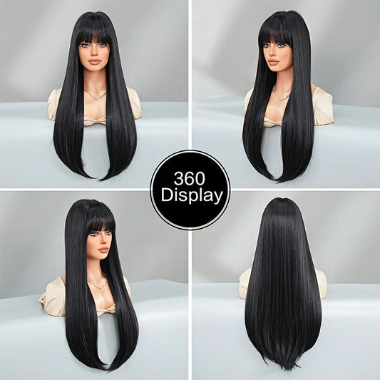 Stylish Synthetic Wig With Straight Hair, Non-toxic Wig, 26-inch Heat-resistant Long Black Hair, Bangs And Rose Net Hat, Suitable For The Whole Scene. Simifo