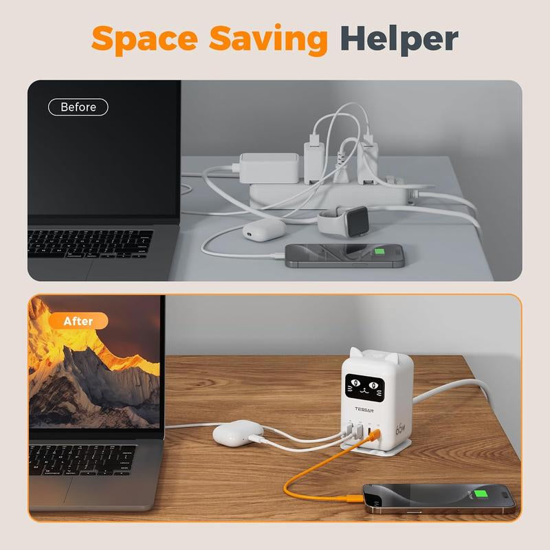 TESSAN Cute Charging Cat Design Charging Station, USB C Charger Block PD 65W, Desktop Tower Charger with 4 USB Ports for Iphone 17/16, Macbook, Tablet, Perfect for Sisters, Friends & Girlfriends! Ideal Gift for Christmas, New Year, Birthdays