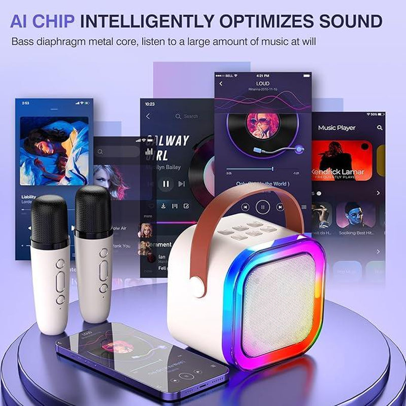 Fede Karaoke Machine for Kids & Adults Mini Bluetooth Speaker with 2 Wireless Microphones LED Lights & Voice Changer Effects Portable Karaoke Machine Toy for Boys Girls Beige
