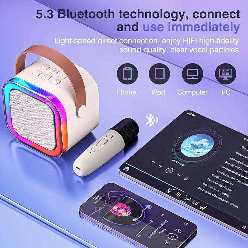 Fede Karaoke Machine for Kids & Adults Mini Bluetooth Speaker with 2 Wireless Microphones LED Lights & Voice Changer Effects Portable Karaoke Machine Toy for Boys Girls Beige