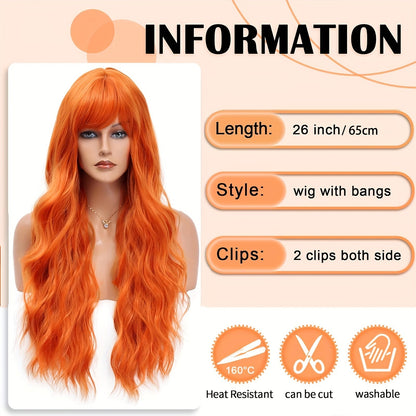 Elegant Long Orange Non-toxic Wig, Synthetic Wavy Hair Wig For Ladies, 28-inch Long Hair, Suitable For The Whole Scene Simifo