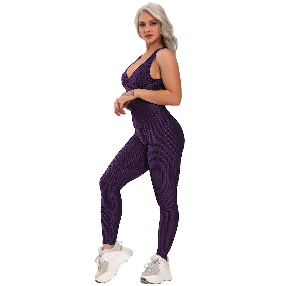 Women's Sleeveless Backless Sports Jumpsuit - Quick Dry Gym Bodysuit with Scrunch Leggings