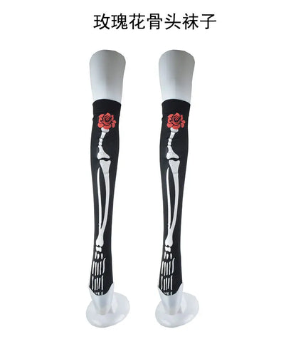 Halloween Skull Head Thigh High Socks - Gothic Bow Stockings for Women