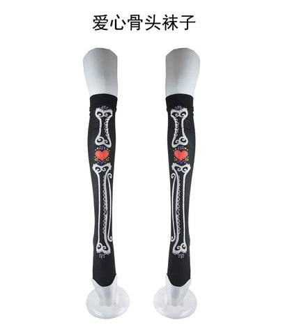 Halloween Skull Head Thigh High Socks - Gothic Bow Stockings for Women