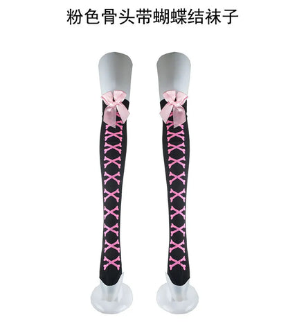 Halloween Skull Head Thigh High Socks - Gothic Bow Stockings for Women