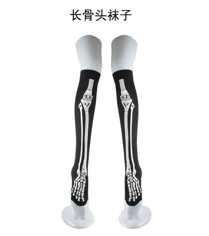 Halloween Skull Head Thigh High Socks - Gothic Bow Stockings for Women
