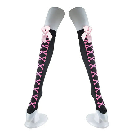Halloween Skull Head Thigh High Socks - Gothic Bow Stockings for Women