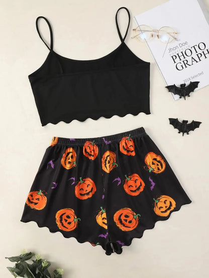 Women's Halloween Pumpkin Print Suspender Pajama Set - Sleeveless Top & Shorts Sleepwear