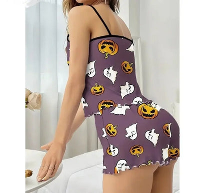 Women's Halloween Pumpkin Print Pajama Set - Ribbed Cami Crop Top & Shorts Y2K Loungewear