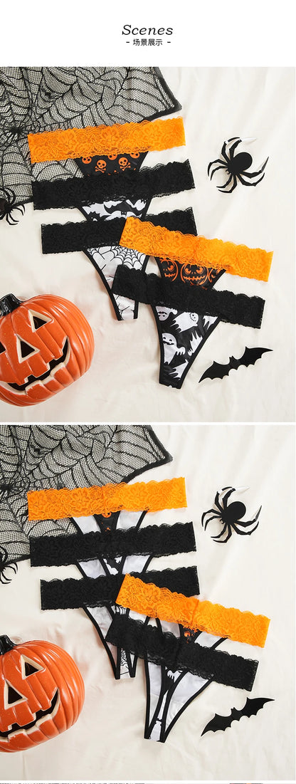 Halloween Lace Thong - Bat & Pumpkin Pattern Hip-Lifting Panties for Women