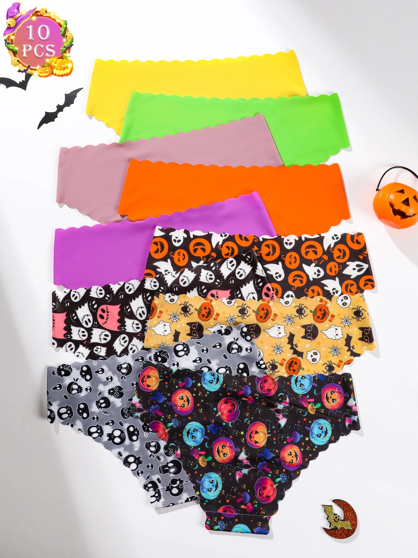 Women's Halloween Panties Set - 10 Piece Pumpkin & Skull Print Scalloped Edge Bikini Underwear