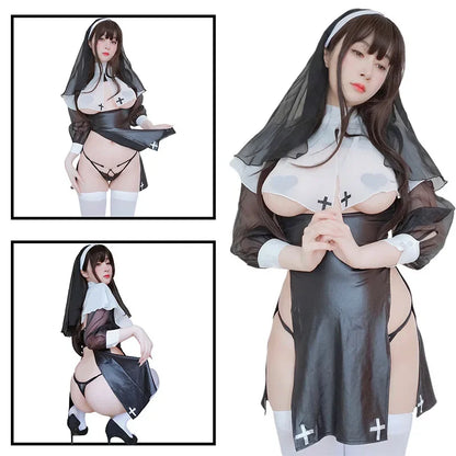 Sexy Halloween Nun Costume - Sheer Fantasy Lingerie Set with Hollow Details for Party Roleplay